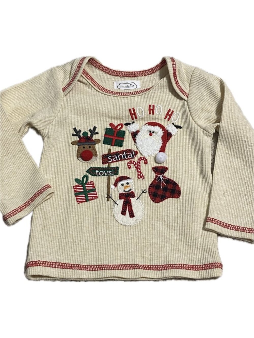 Mud Pie Christmas ribbed shirt Santa Toy Reindeer 3m 6m NWOT Embroidery applique